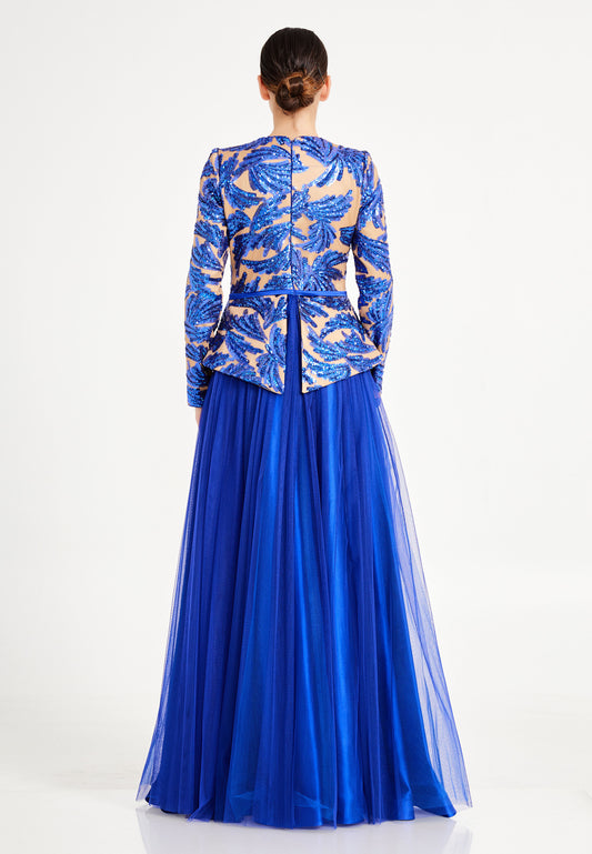 Long Sleeve Maxi Tulle Sapphire Bloom Gown