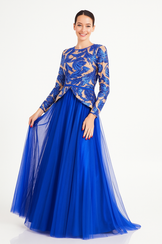Long Sleeve Maxi Tulle Sapphire Bloom Gown